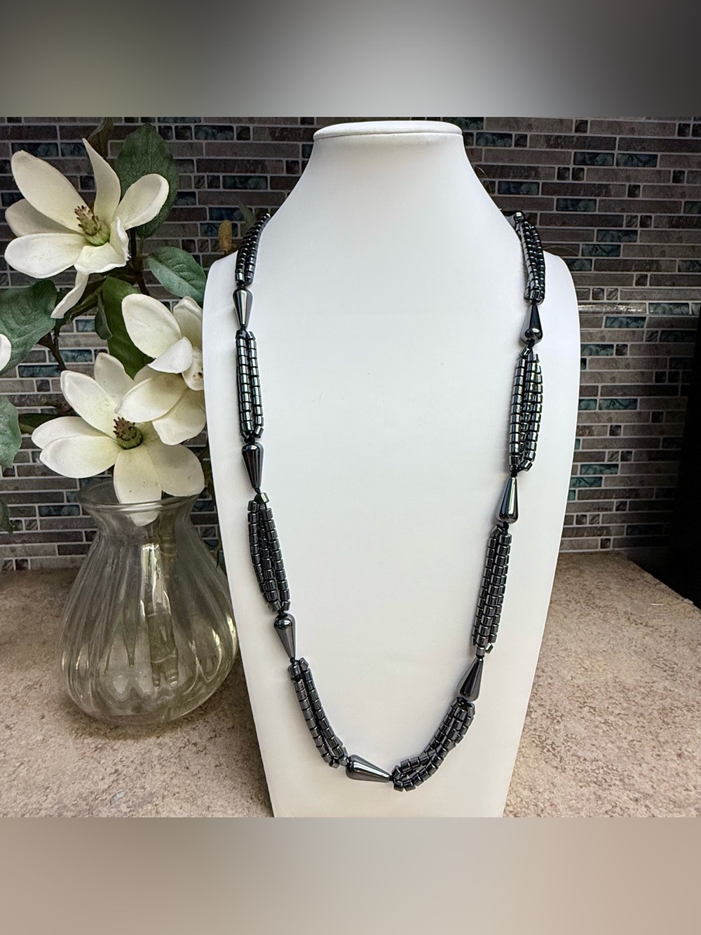 Vintage Natural Hematite beaded necklace